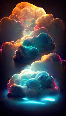 Stormcloud. fantasy background. night thunderstorm. Neon orange pink blue color glow rays on dark black abstract collage illustration.の素材