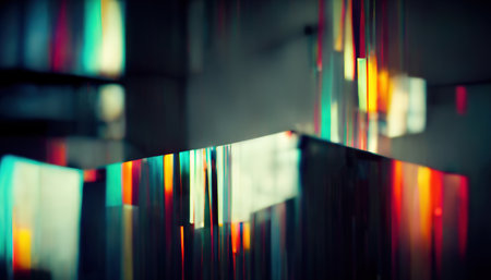neon light. abstract background. Blur glow. Defocused orange blue pink color flare reflection on glass cube on dark collageの素材