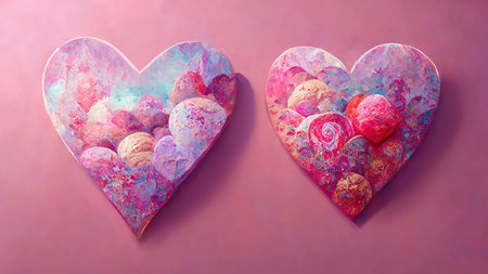 heart candy. Valentine Day. romantic dessert. Pink purple red ornate love symbol sweet cookie design on bright color gradient decorative illustration abstract art background.の素材