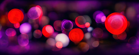 Bokeh circle neon background. Blur glow. Defocused purple red color light bubbles floating design on dark black abstract art illustration.の素材