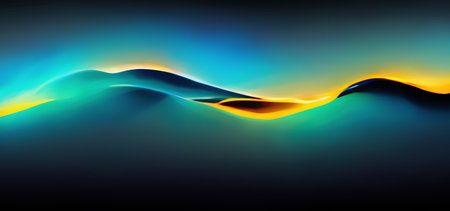 digital sunset. abstract background. Graphic illustration. Blue green surface with twisted wave yellow shining glow shape composition art.の素材