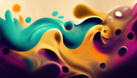 digital painting. Graphic waves. abstract pattern. Colorful illustration with liquid twisted shapes of green yellow purple paint and bulbs composition background.の素材