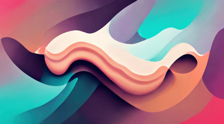 Graphic painting. Wavy background. digital art. Colorful illustration flowing paint twisted mix of mint green beige light and deep purple composition pattern.の素材