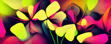 Graphic painting. flower texture. colorful pattern. Creative illustration of bright neon pink yellow floral background wide landing.の素材