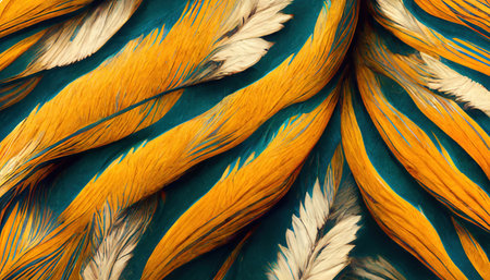 Feather pattern abstract artwork. fantasy print. Bright yellow teal blue beige color floral leaf design decorative art illustration background with free space.の素材