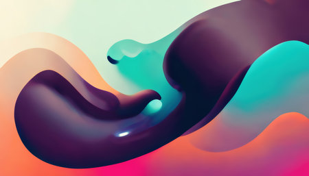 creative waves. Graphic painting. digital banner. Colorful illustration with paint flow mixing mint green pink orange deep purple on beige composition art.の素材