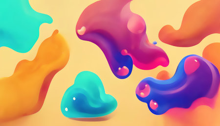 Graphic painting. colorful art. abstract background. Creative illustration with green pink orange blue fluid paint drops composition on yellow banner.の素材