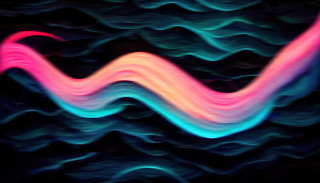 neon waves. light motion. fantasy radiance. Blur fluorescent pink blue color glowing curve rays on dark black collage abstract background.の素材