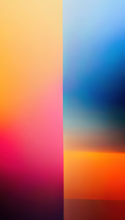 blurred art. geometric background. Graphic pattern. Creative illustration of gradient blue pink orange wide lines smoky smearing paint composition.の素材
