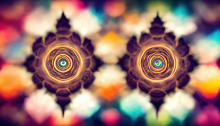Kaleidoscope pattern. blur colors. fantasy mandala. Defocused bright pink blue purple floral fractal symmetric design art illustration abstract background.の素材