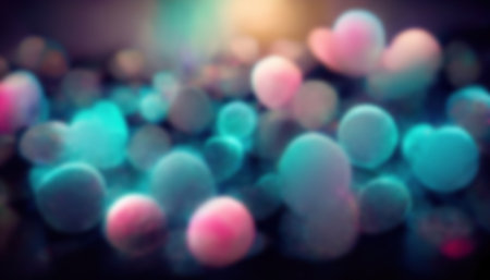 Glowing bubbles. neon balloons. Blur light. Defocused fluorescent pink blue color round circles on dark black collage abstract background.の素材
