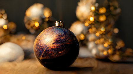 christmas bauble. New Year ornament. Winter holidays celebration. Ornate round bulb on golden bokeh festive light illustration abstract free space background.の素材