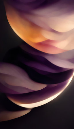 Blur curves color waves abstract background. Defocused purple orange black smooth gradient glowing layers texture dark art illustration design with free space.の素材