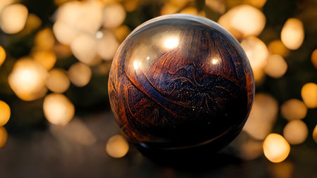 Xmas decoration. Ornate ball. Winter holidays celebration. Sparkling round bauble on golden bokeh fairy lights dark illustration abstract free space background.の素材