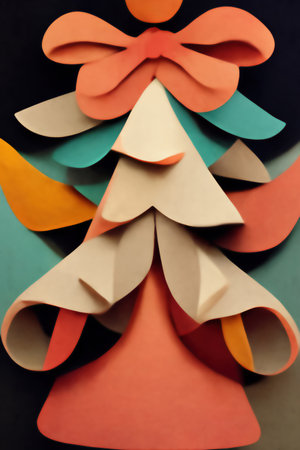 Cutout ornament. color artwork. Blur coral red orange blue beige decorative fir tree with bow on black art illustration abstract background.の素材