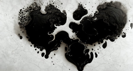 Ink drop. bubble fluid. Dirt blob. Black heart shape liquid paint splatter on white marble texture collage decorative illustration abstract art background.の素材