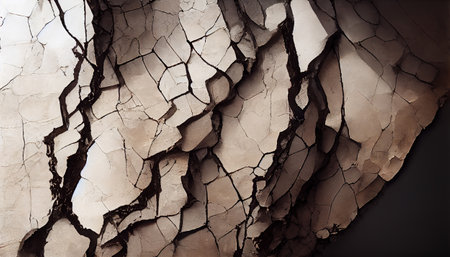 Fractured stone. Wreck texture. damaged structure. Beige gray cracked aged ruined rock wall dark collage abstract background.の素材