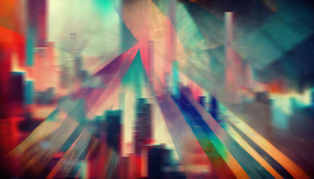 colorful background. Abstract cityscape. Blur red pink blue orange light rays texture noise collage grunge urbanの素材