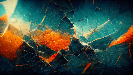 cracked texture. broken glass. Fractured stone. Blue orange color paint dust scratches uneven rock surface collage illustration abstract art background.の素材