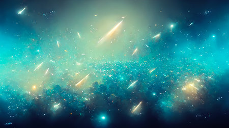 Blur rays. Underwater glow. Abyss diving. Defocused orange blue color sparks radiance flare motion on dark collage illustration abstract art background.の素材