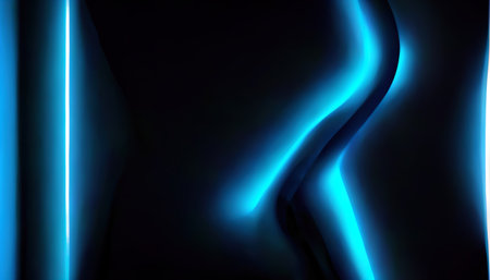 Blur glow neon background. Futuristic radiance. Defocused fluorescent blue white color light curve lines on dark black abstract art illustration with copy space.の素材