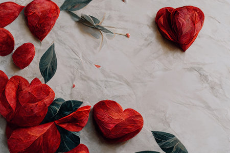 floral decoration. Valentine Day. greeting card. Red rose flower petals leaves heart shape love symbol ornate composition illustration abstract art free space romantic background.の素材
