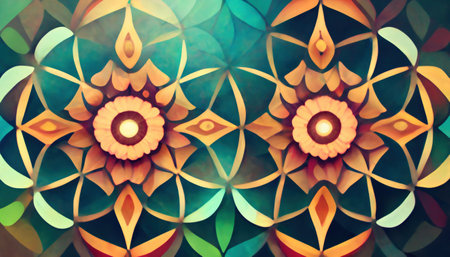 Kaleidoscope pattern. Floral mosaic. fantasy mandala. Defocused orange blue green fractal symmetric design art illustration abstract background.の素材