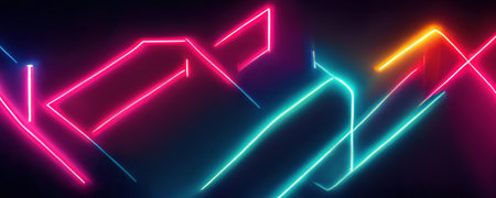 Neon light glowing background. Futuristic illumination. Blur luminous pink cyan blue yellow color laser flare on dark black abstract art illustration.の素材