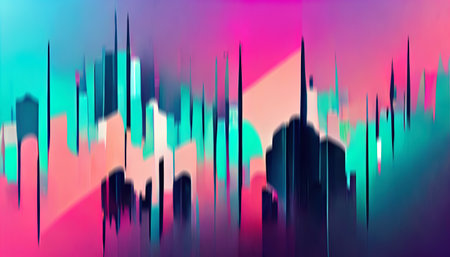 neon skyline. Cyberpunk background. graphic art. Blur neon pink purple cyan blue color gradient glow skyscraper building abstract design illustration.の素材