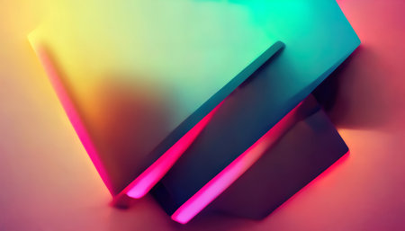 Neon gradient abstract background. graphic art. Fluorescent pink purple cyan blue yellow color glow geometric lines layers illustration with copy space.の素材