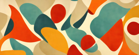 Color block abstract background. Mosaic design. Orange red yellow blue beige curve dots spots shape playful pattern art illustration.の素材