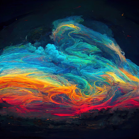 abstract ink paint. Multicolor cloud swirls. Blue yellow red fume motion black backgroundの素材