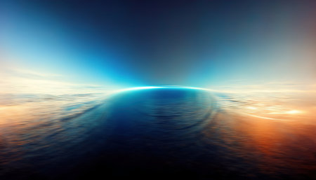 Defocused glow. light motion. atmosphere horizon. Blur orange blue color flare reflection wave ripple texture on dark black illustration collage abstract background.の素材