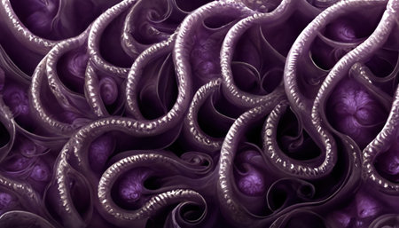 Fractal ornament fantasy background. monster tentacles. Neon purple color glowing twisted curves abstract design on dark black art illustration.の素材