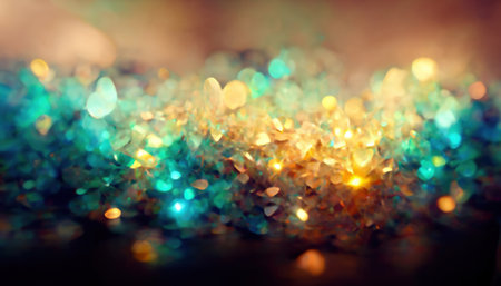 bokeh light. color glow. gem reflection. Defocused golden yellow cyan blue round glitter sparkles on dark black illustration collage abstract background.の素材