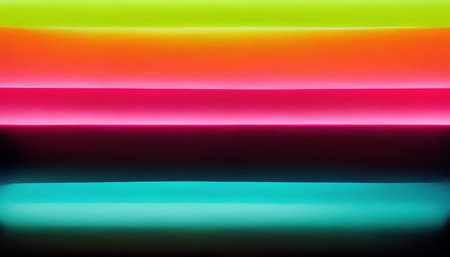 neon art. digital painting. striped illustration. Luminous blue dark pink orange yellow horizontal lines composition wallpaper background.の素材