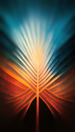 Glowing leaf abstract background. Graphic foliage. Blur orange red blue color light rays plant silhouette on black creative nature art illustration.の素材