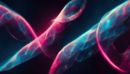 Neon light futuristic background. cell texture. Blur fluorescent pink blue color glow flare on dark black abstract art illustration.の素材