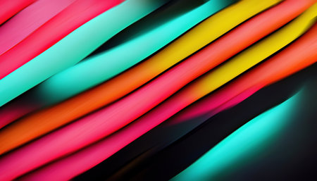 Glowing stripes colorful background. Luminous strokes. Blur neon bright pink cyan blue yellow gradient light lines pattern abstract art illustration.の素材