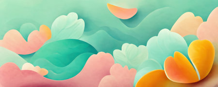 summer artwork. floral background. exotic nature. Pink orange cyan blue color foliage flower petals sea waves design abstract art illustration.の素材