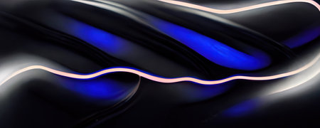 Blur glare. Glowing background. light waves. Defocused neon blue white color curve lines trail on dark black futuristic abstract art illustration with free space.の素材