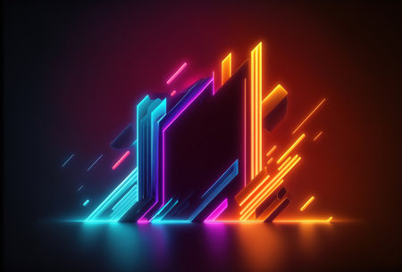 neon geometric. Flash glow figure. Shining light rhombus vivid stripes pattern on dark illuminated background multicolored abstract illustration.の素材