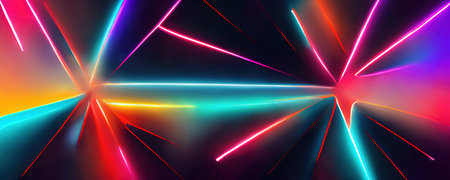 laser rays. neon light background. Disco illumination. Blur fluorescent pink blue red color flash beam glow lines on dark black abstract art illustration.の素材