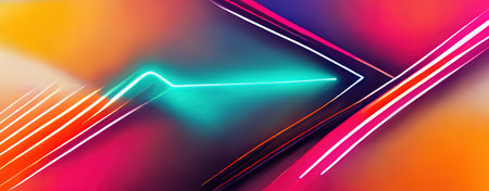 neon rays. Blur glow color gradient. Defocused bright pink blue orange light flare lines geometric art illustration abstract background.の素材