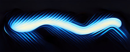 neon graphic. Glowing design. light curve. Defocused luminous blue white color wave strokes lines trail on dark black art illustration abstract background.の素材
