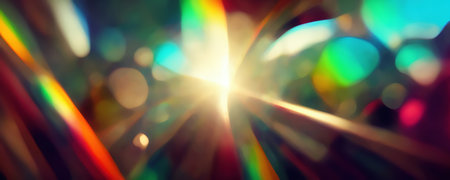 lens flare. bokeh light. spotlight illumination. Defocused orange blue pink green rainbow color glow rays flecks on dark art illustration abstract background.の素材