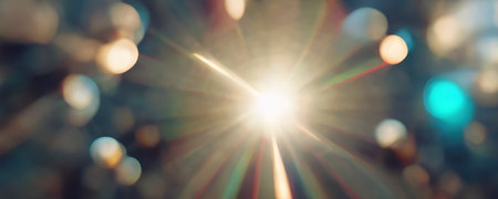 sun rays. lens flare. bokeh light. Defocused blue orange color shiny glowing round flecks spotlight beam glare art illustration abstract background.の素材
