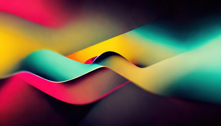 Blur colors abstract background. wave graphic. Defocused vibrant yellow cyan blue pink purple gradient curve shape design dark art illustration.の素材
