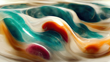 Slim texture. color fluid. Paint water wave. Blur orange blue white glossy curve shape stone surface art illustration abstract background.の素材