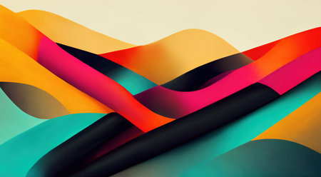 wave graphic. art design. color block. Bright pink yellow cyan blue black white curve layers creative pattern illustration abstract background with free space.の素材